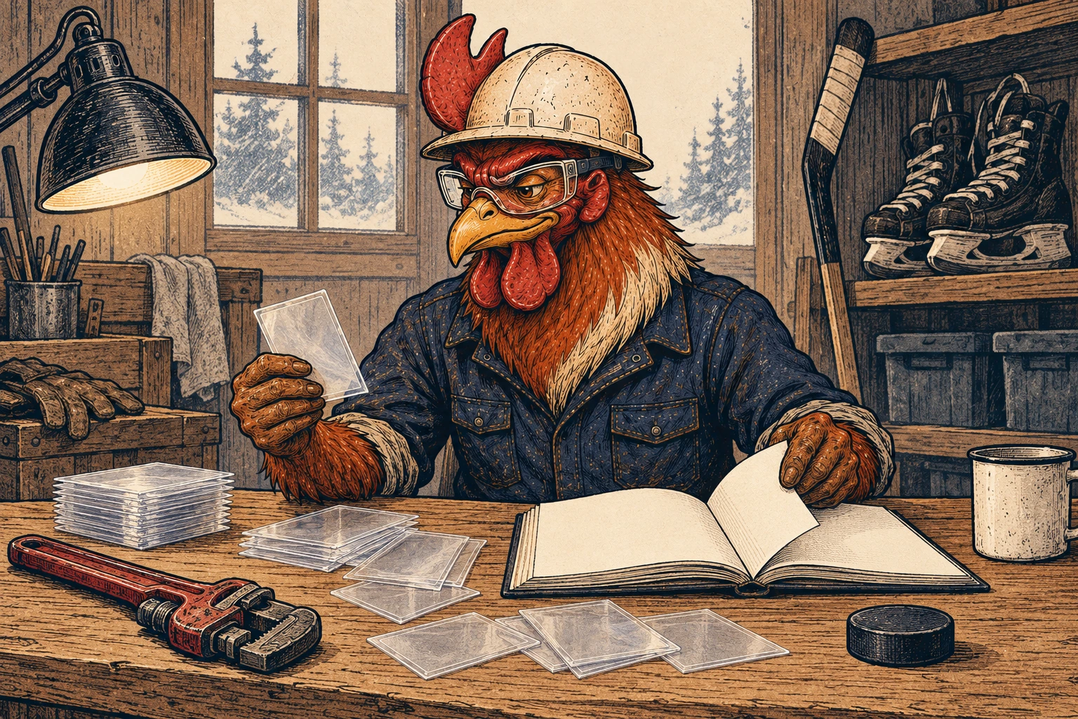 A rooster in an off-white hard hat, safety glasses, and navy coveralls sorts clear card sleeves at a workbench beside a blank notebook. Hockey skates and a stick sit in the background, with a pipe wrench on the table.