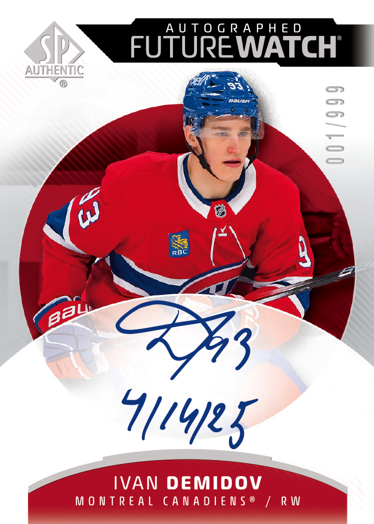 SP Authentic Autographed Future Watch sample card featuring Ivan Demidov of the Montreal Canadiens, with a blue autograph, handwritten date and 001/999 numbering.