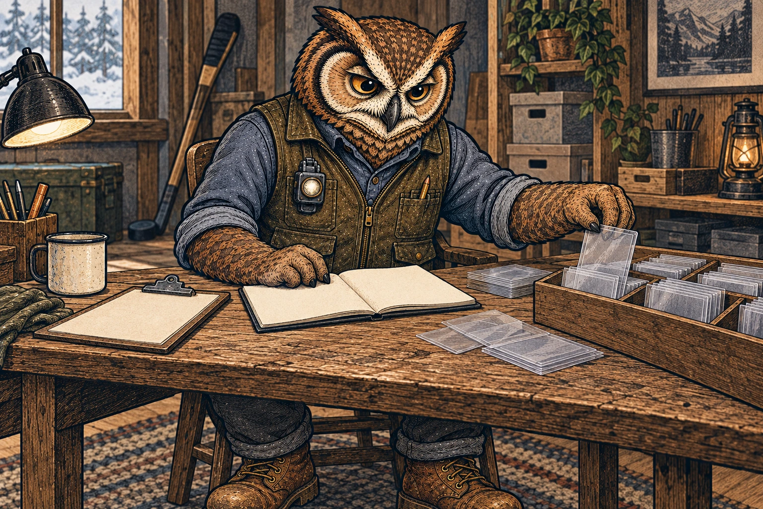 A tawny owl analyst in an olive vest and slate shirt sorts clear card sleeves beside a blank open notebook at a wooden workbench. A hockey stick, puck and snowy window suggest the sport in the warmly lit cabin.