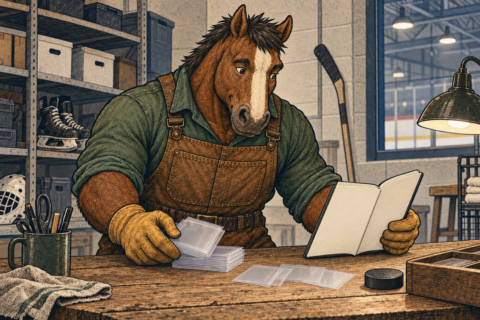 A broad bay horse with a cream blaze, green shirt, brown canvas overalls, and gloves sorts clear card sleeves at a workbench while checking a blank notebook. Hockey gear and a rink are visible behind him.