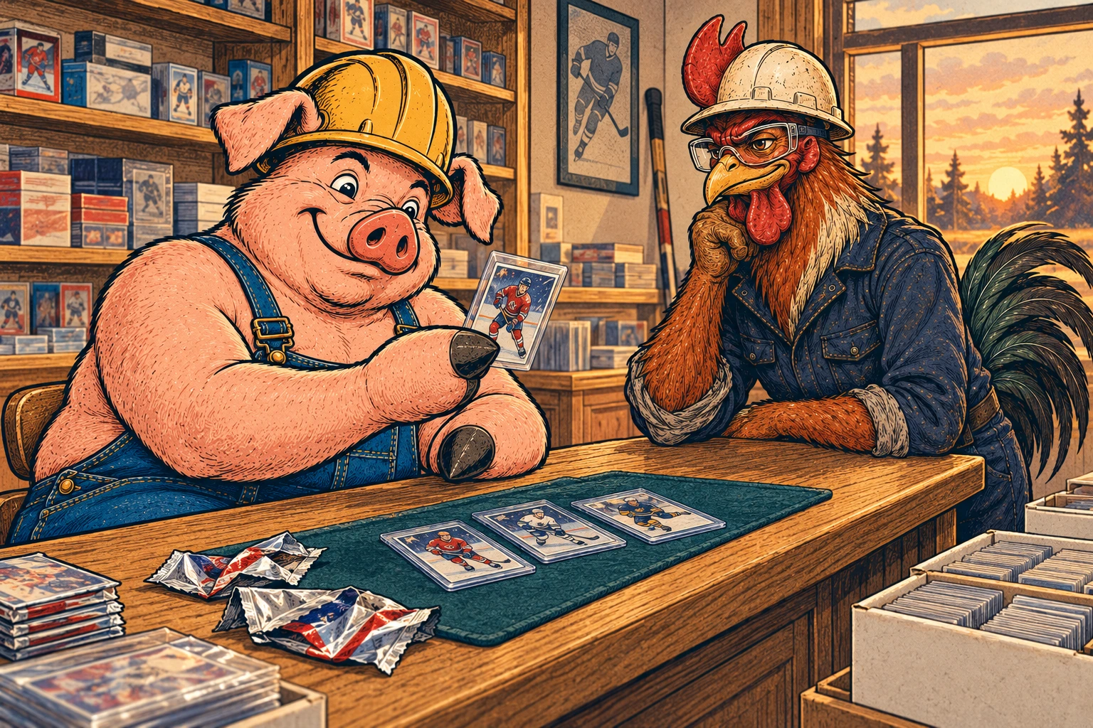 Hammy showing Riggs a protected hockey card across the card-shop counter.