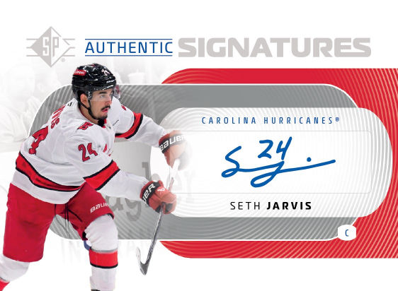 Seth Jarvis at left beside a wide white autograph panel on the horizontal Authentic Signatures preview.