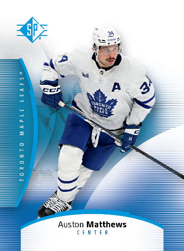 Auston Matthews skating in a white Maple Leafs uniform on the SP Blue parallel preview.