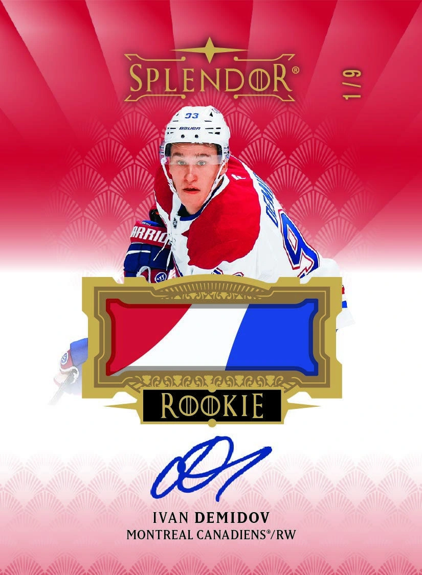 Ivan Demidov above a red, white and blue patch and blue signature on a vertical Splendor rookie card.