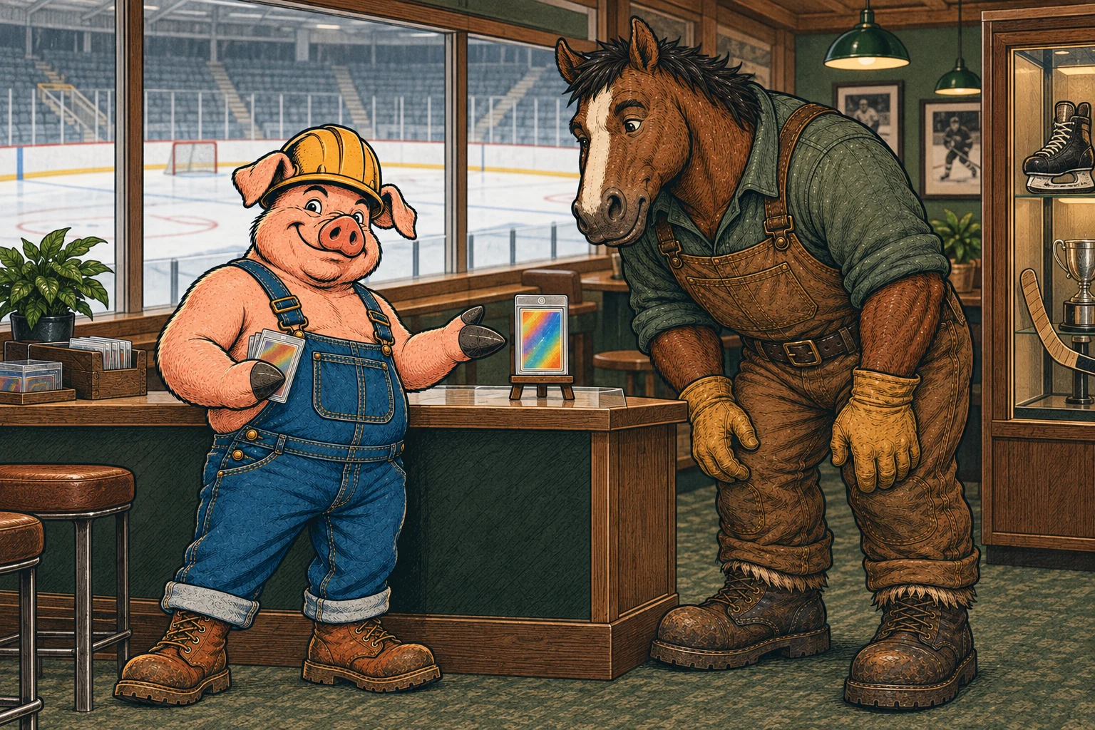 Hammy and Clyde examine a hockey card in a rink viewing lounge.