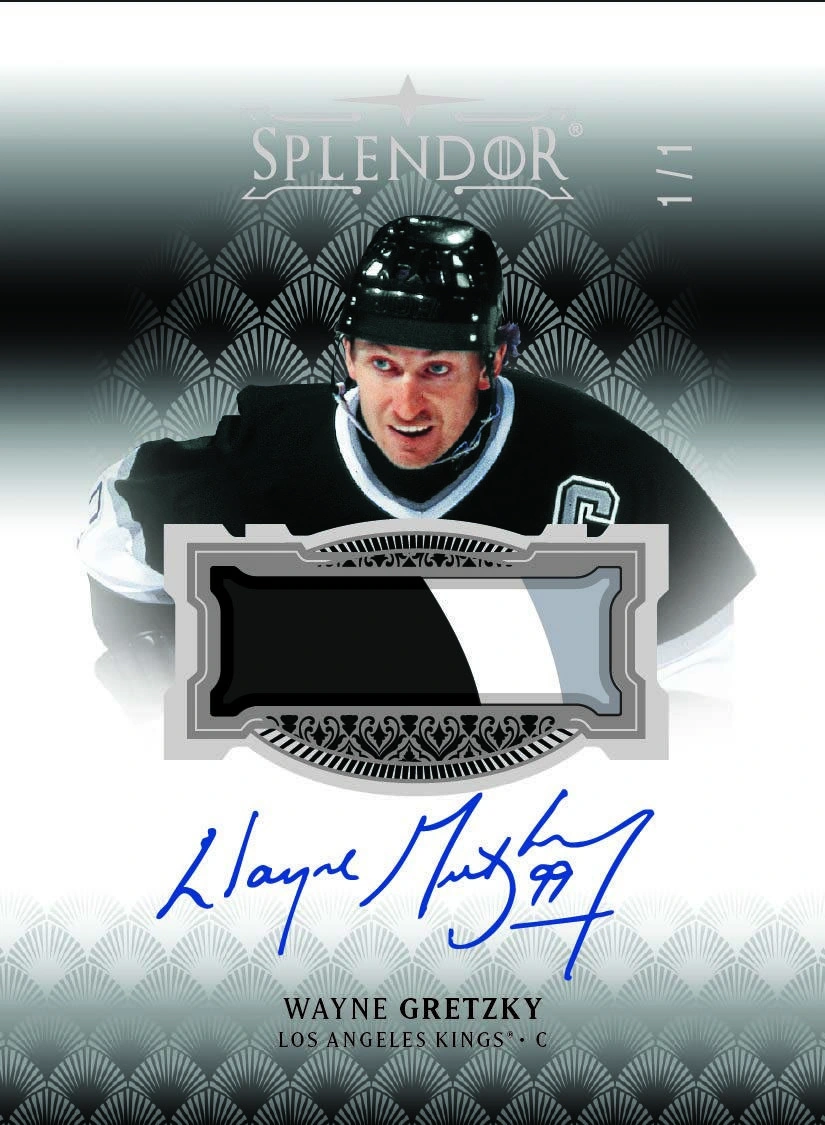 Wayne Gretzky with a black, white and silver patch and autograph on a vertical Splendor card.
