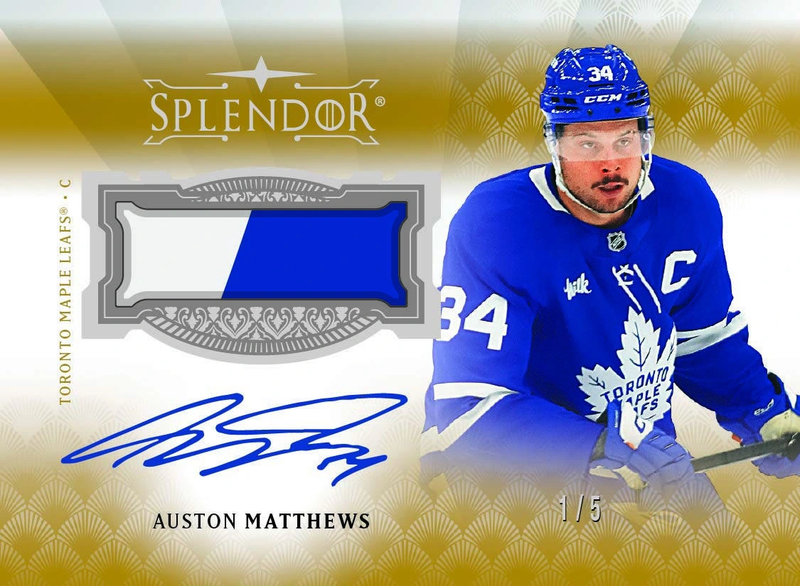 Auston Matthews in a Maple Leafs sweater alongside a patch and autograph on a gold horizontal Splendor card.