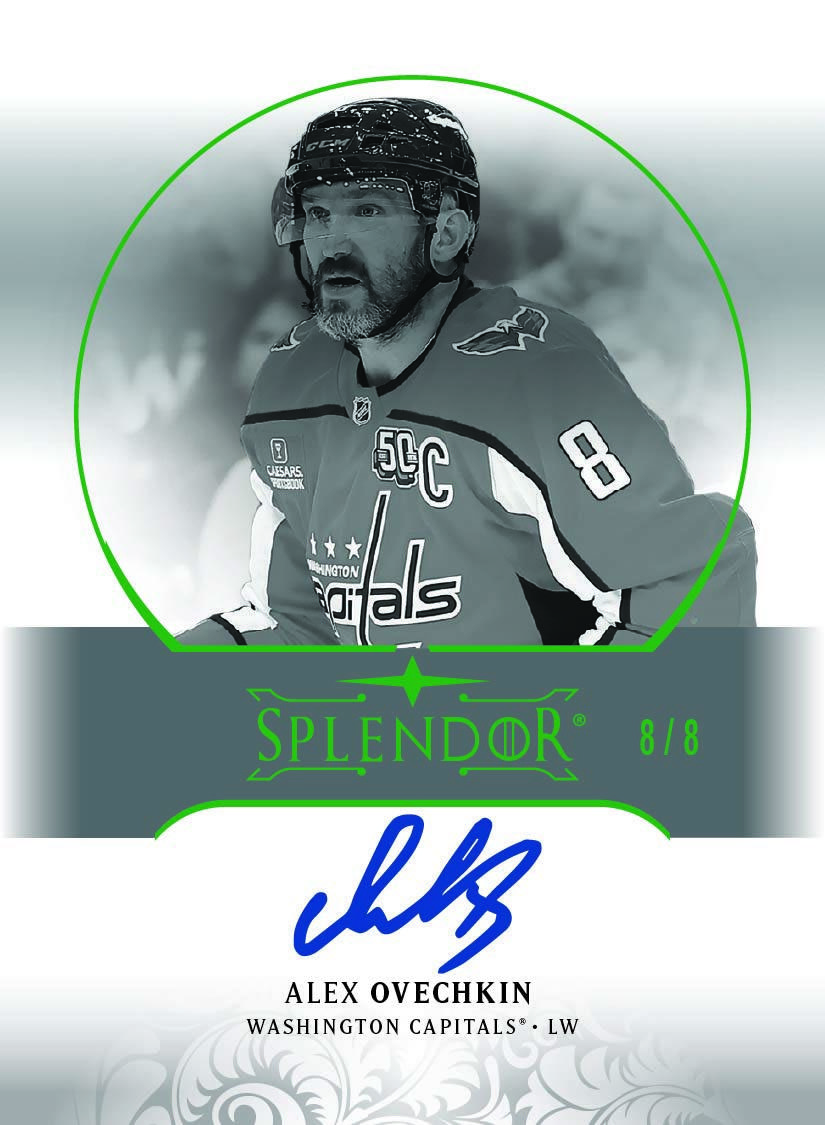 Alex Ovechkin in a monochrome circular portrait above his signature on a green-accented Splendor card.