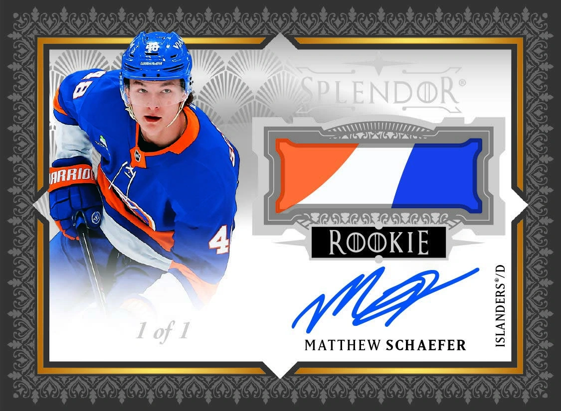 Matthew Schaefer beside a large orange, white and blue patch window on a bordered Splendor rookie autograph card.
