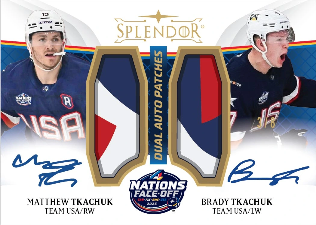 Matthew and Brady Tkachuk appear with signatures and two patch windows on a Splendor 4 Nations Face-Off Dual Auto Patch preview.