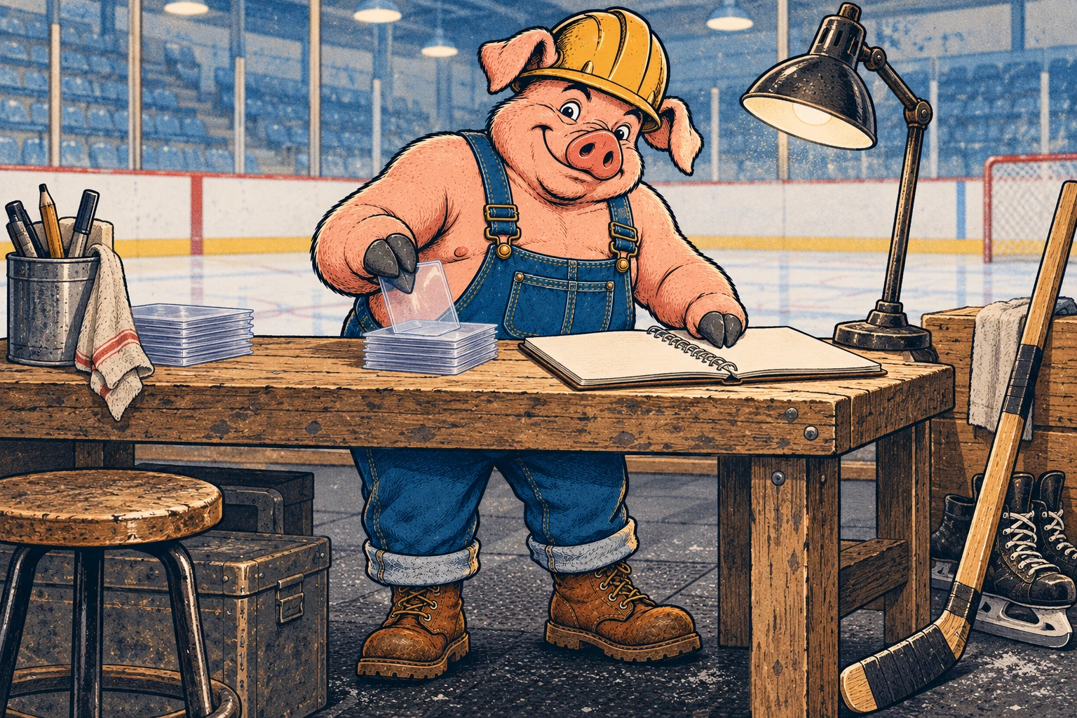 Hammy, a pink pig in a yellow hardhat, denim overalls, and brown boots, sorts clear card sleeves beside a blank notebook at a workbench overlooking a hockey rink.