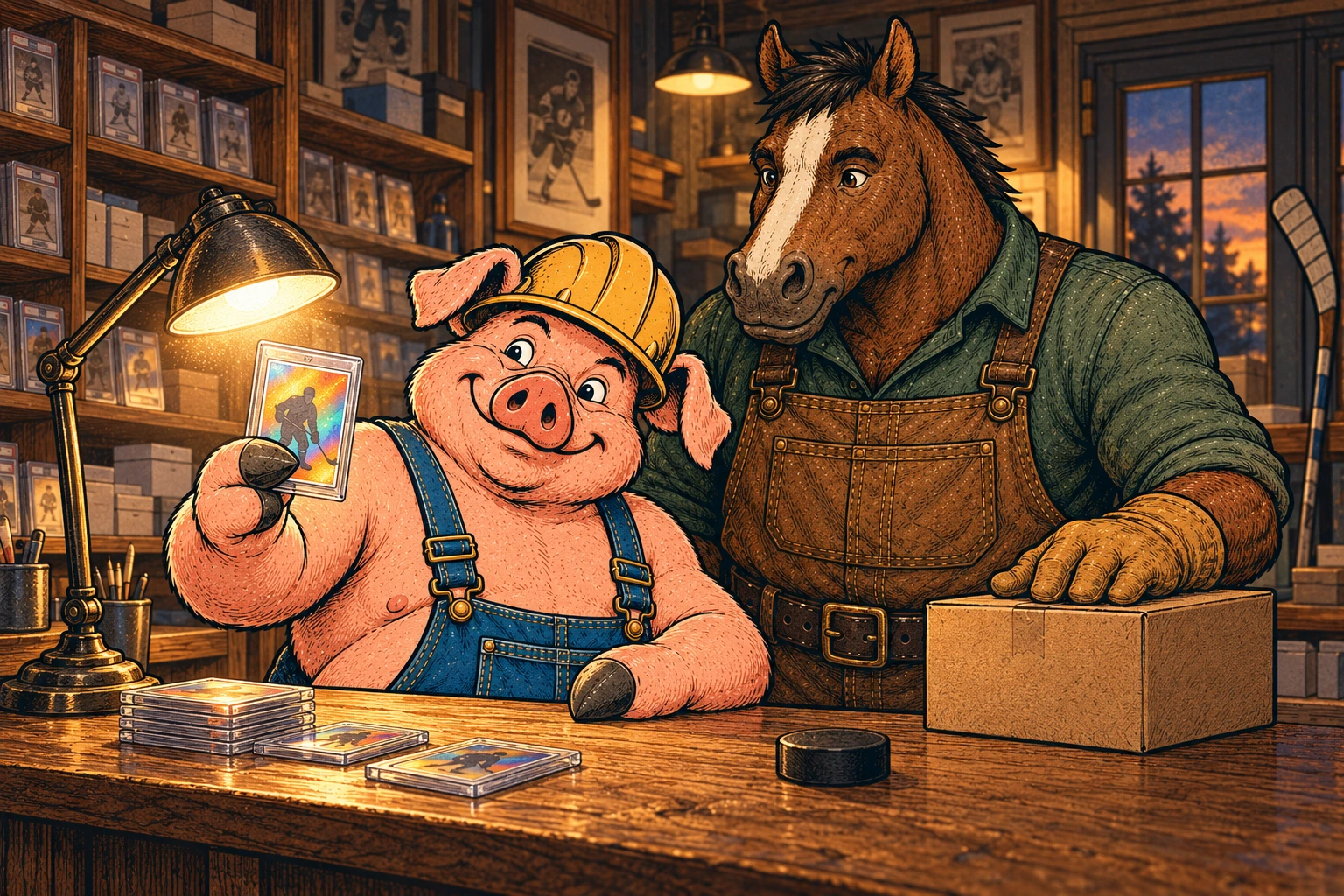 Hammy tilts a protected hockey card under a shop lamp while Clyde watches beside a plain supply box.