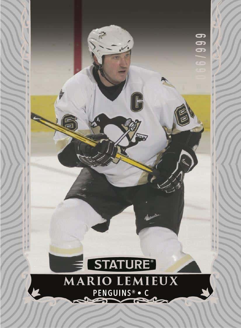 Mario Lemieux in white Pittsburgh gear with a yellow stick on the silver-framed Stature Legends card.