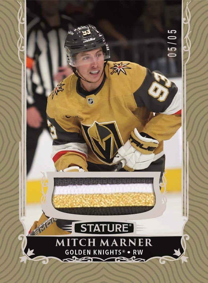 Mitch Marner in a gold Vegas jersey above a black, white and gold patch window on a Stature Gold Patch preview.