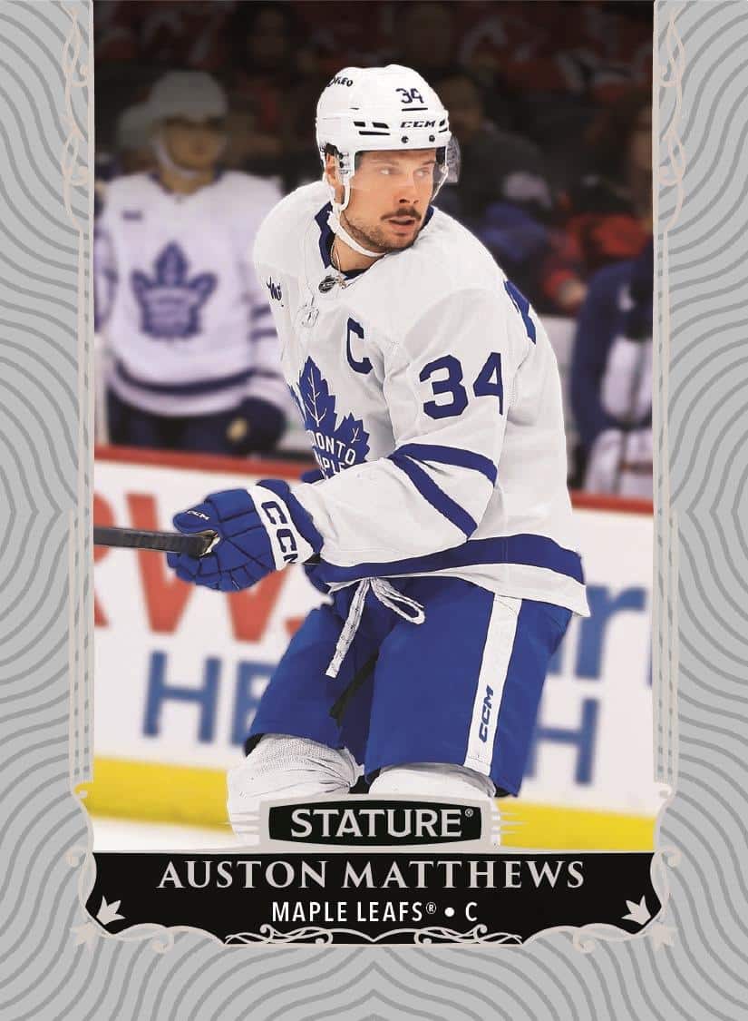 Auston Matthews in a white Toronto uniform on the regular silver-gray Stature veteran card.
