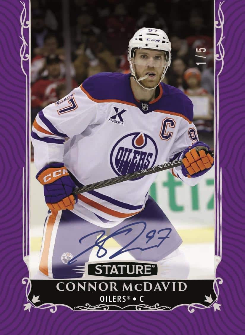 Connor McDavid in white Edmonton gear on a purple-bordered Stature autograph preview, numbered 1/5.