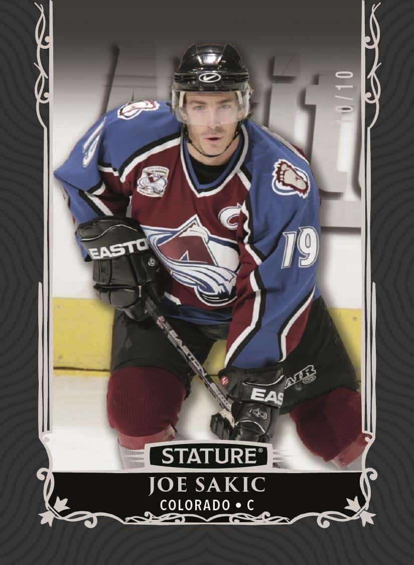 Joe Sakic in Colorado burgundy and blue within the black Stature Legends parallel frame.