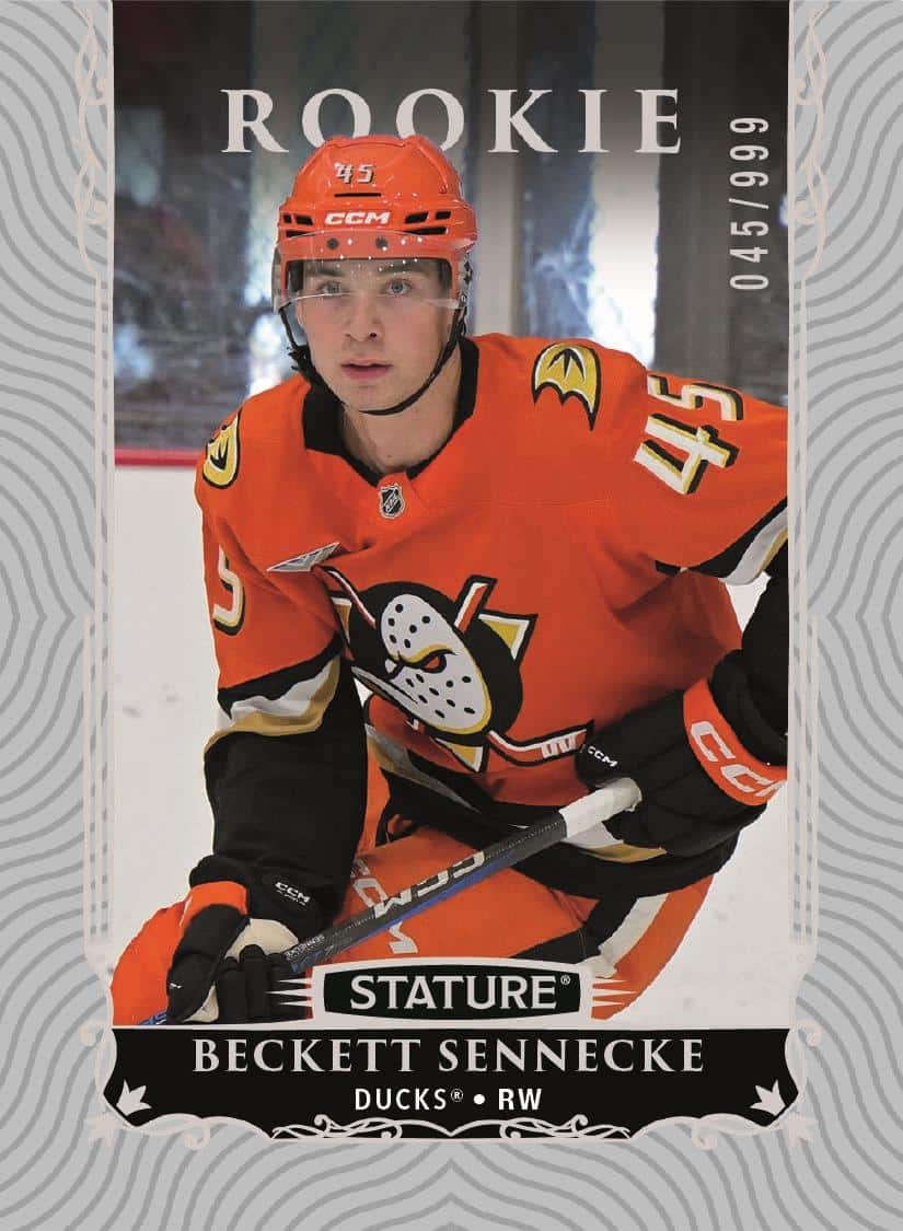 Beckett Sennecke in orange Anaheim gear within the silver-gray Stature rookie frame.