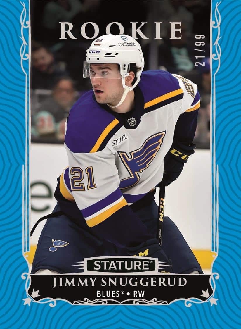 Jimmy Snuggerud in white St. Louis gear on the bright blue Stature rookie parallel.