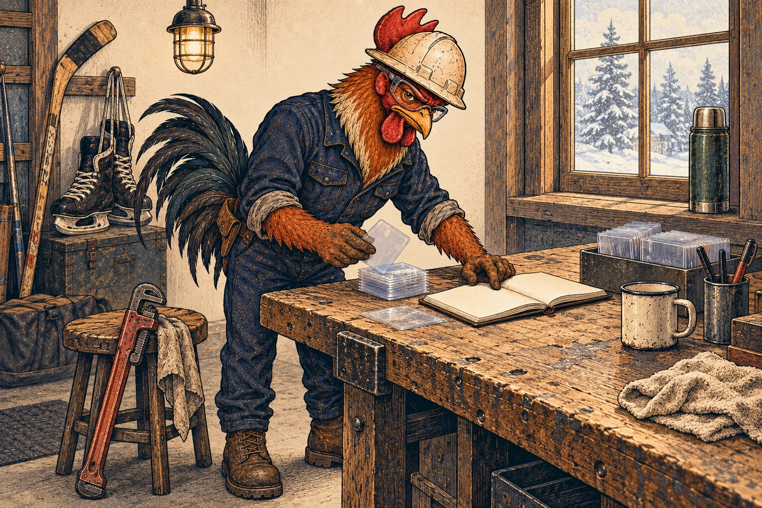 Illustration of a rooster in a hard hat, safety glasses, and navy coveralls sorting clear card sleeves beside a blank notebook at a workbench. Hockey skates and a stick are nearby.
