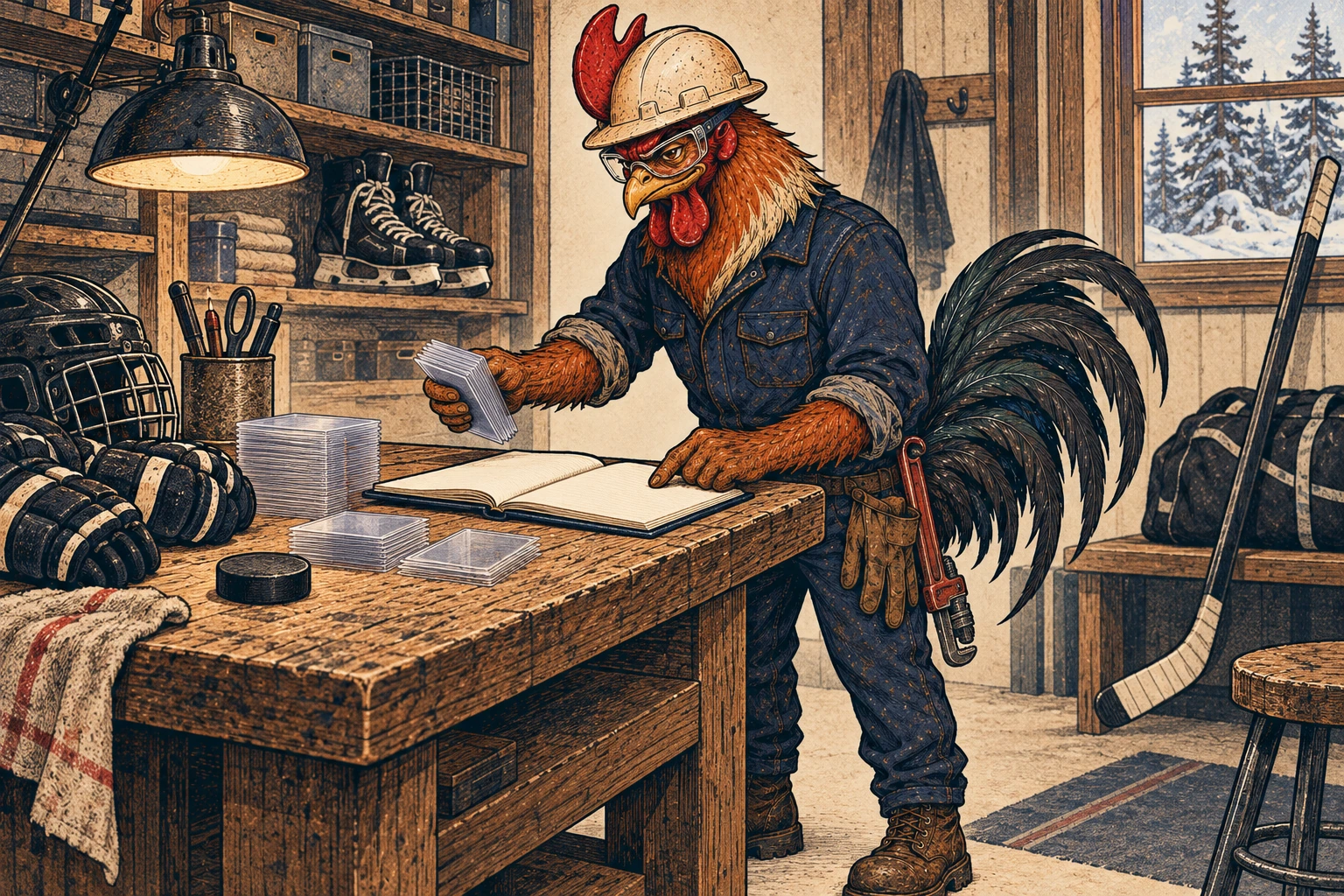A russet-and-cream rooster in a hard hat, safety glasses, and navy coveralls sorts plain card sleeves beside a blank notebook at a workbench surrounded by hockey gear.