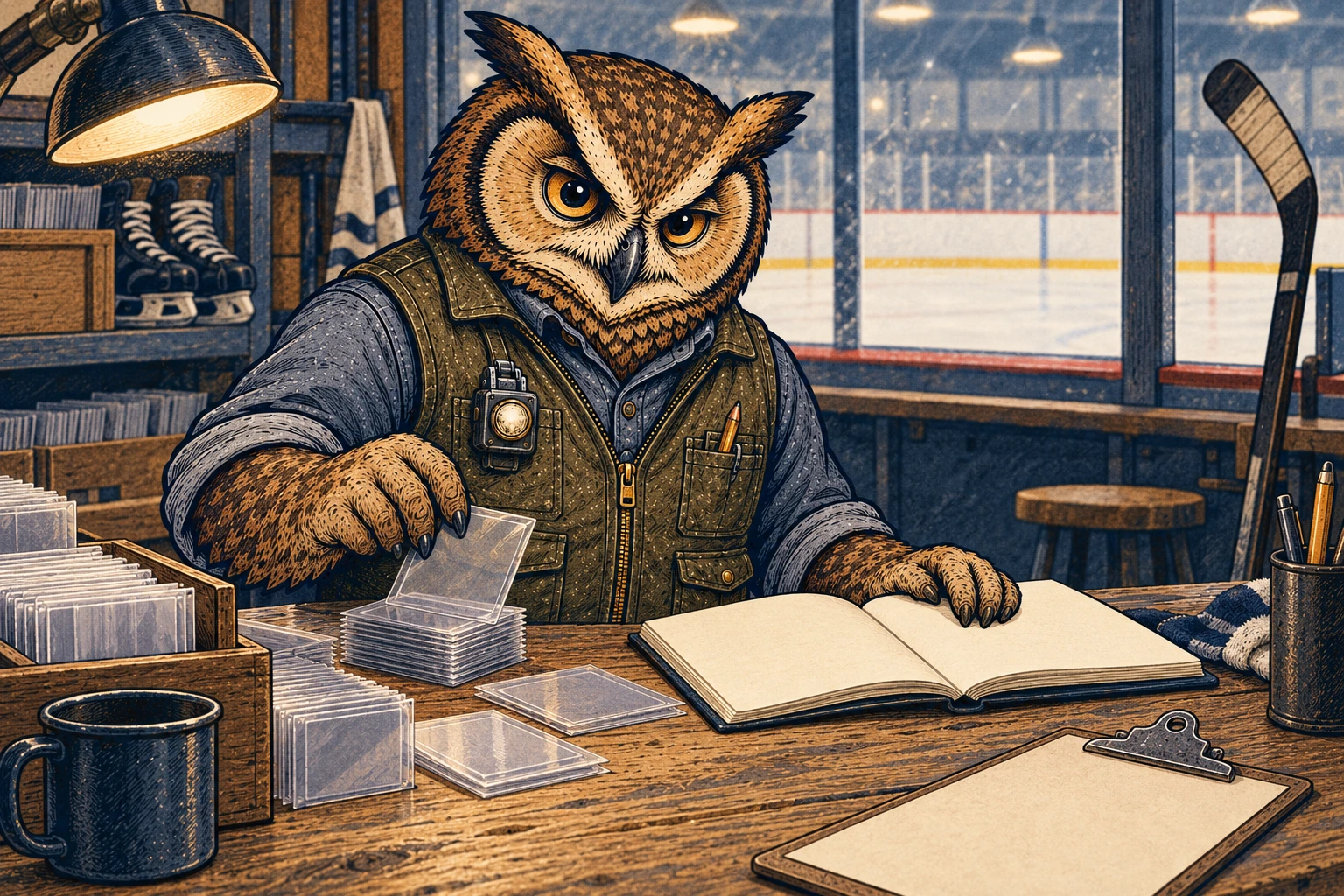 Illustrated tawny owl in an olive vest and slate shirt sorting blank card sleeves at a wooden workbench beside an open, text-free notebook, with an ice rink visible through the window.
