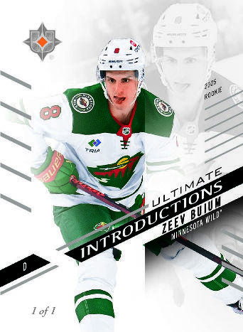 Zeev Buium Ultimate Introductions Black preview with green Minnesota sweater, diagonal title bars and a faint second portrait.