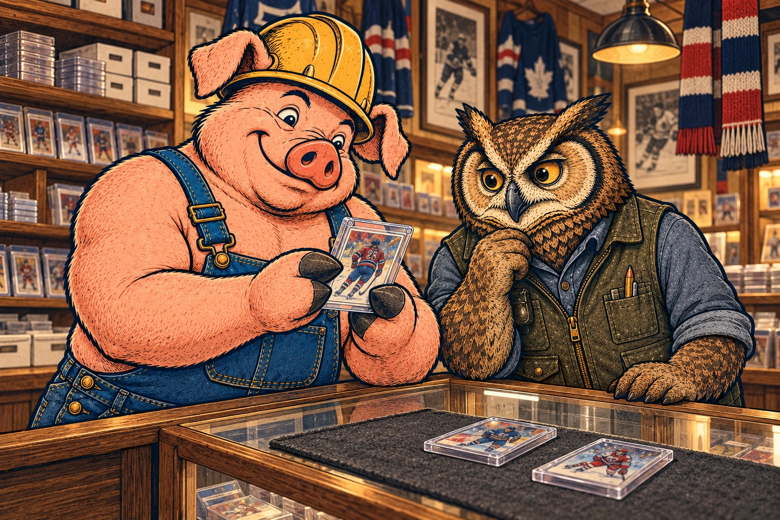 Hammy and Lemmy appreciating a protected hockey card at the shop counter.