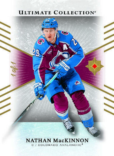 Nathan MacKinnon Black parallel preview with Avalanche sweater, pale background, burgundy band and handwritten-style 1 of 1 notation.