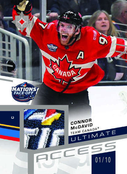 Connor McDavid celebrating in a red Canada sweater above the patch window on his Ultimate Access 4 Nations Face-Off preview.