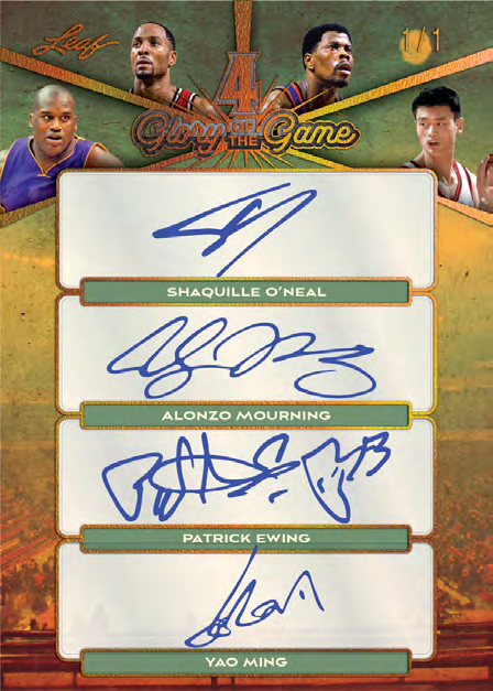 Shaquille O’Neal, Alonzo Mourning, Patrick Ewing and Yao Ming 4 Glory quad-autograph manufacturer preview from 2025 Leaf Glory of the Game Basketball.