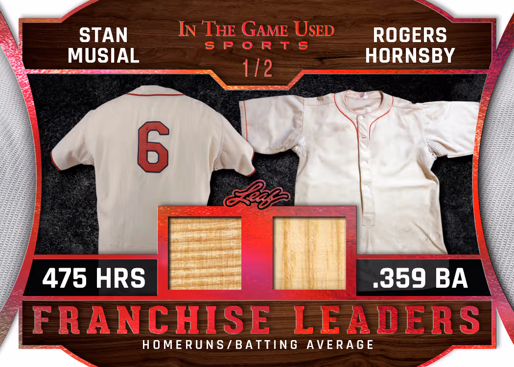 Stan Musial and Rogers Hornsby Franchise Leaders memorabilia preview from 2025 Leaf In The Game Used Sports, marked 1/2.