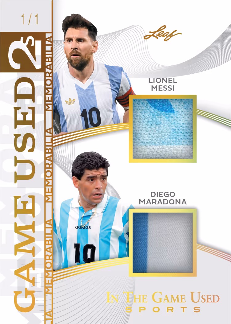 Lionel Messi and Diego Maradona Game Used 2 memorabilia preview from 2025 Leaf In The Game Used Sports, marked 1/1.