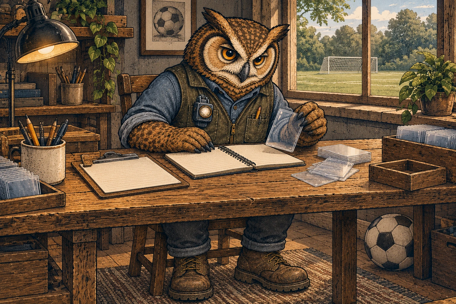 A tawny owl in an olive vest, slate shirt, work trousers and boots sits at a wooden collector’s workbench, holding a clear card sleeve beside a blank lined notebook. Neutral sleeves fill wooden trays, and a soccer goal is visible through the window.