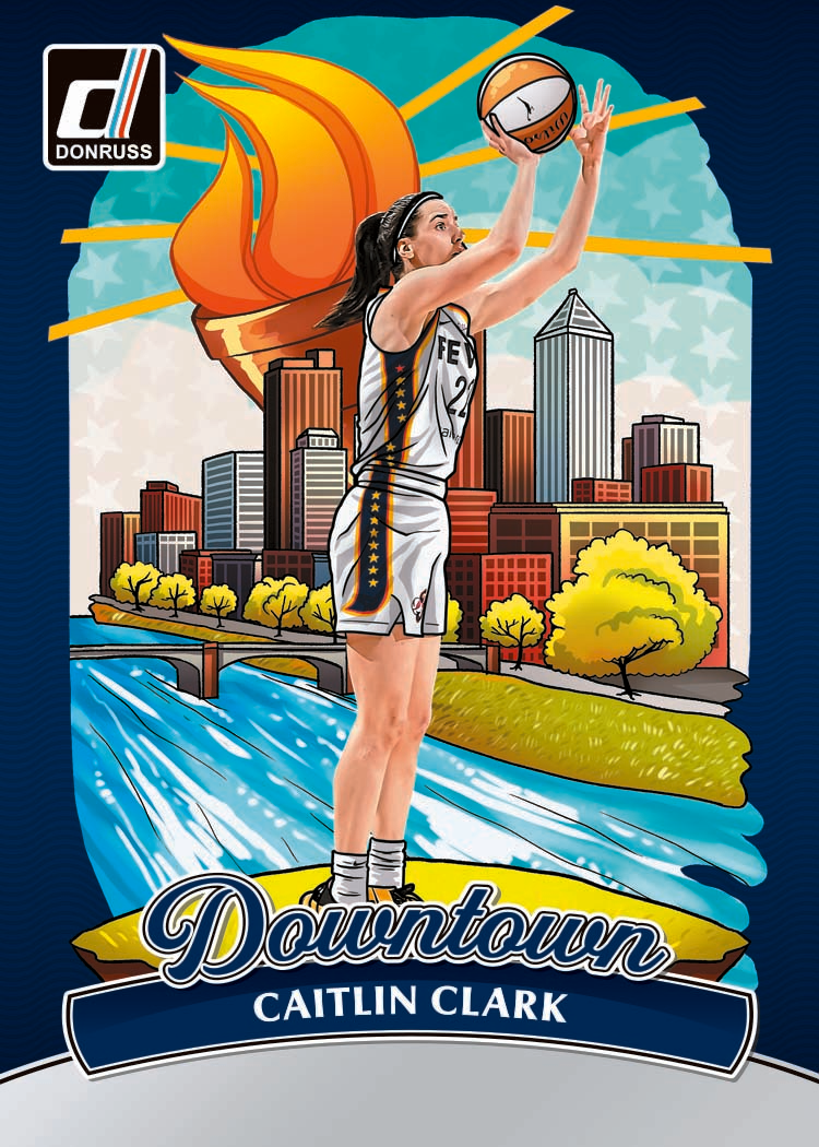 Caitlin Clark Downtown insert card with Indianapolis skyline, river and torch artwork, from 2025 Panini Donruss WNBA basketball.
