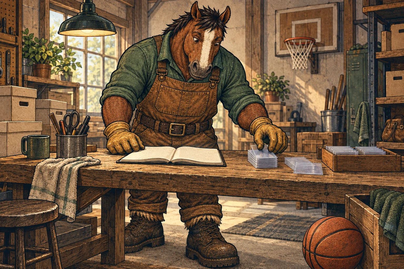 A broad horse warehouse worker with a cream facial blaze, green shirt, brown canvas bib trousers, gloves and work boots sorts clear card sleeves beside a blank open notebook on a wooden workbench. A basketball and wall-mounted hoop suggest the sport in the warmly lit workshop.