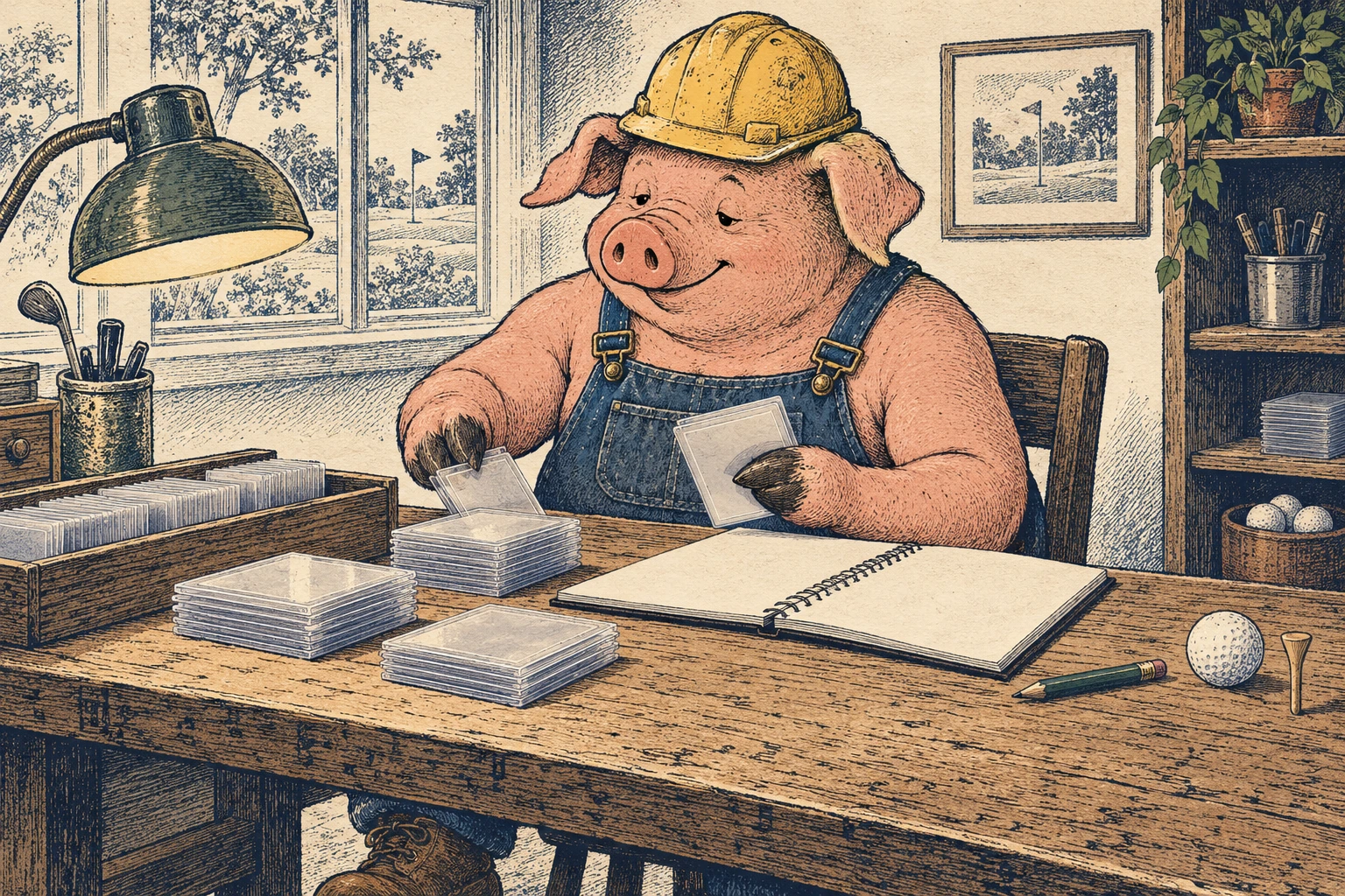 A pink pig foreman in a scuffed yellow hardhat and indigo denim overalls sorts blank card sleeves at a wooden workbench beside an open notebook. A golf course is visible through the windows.