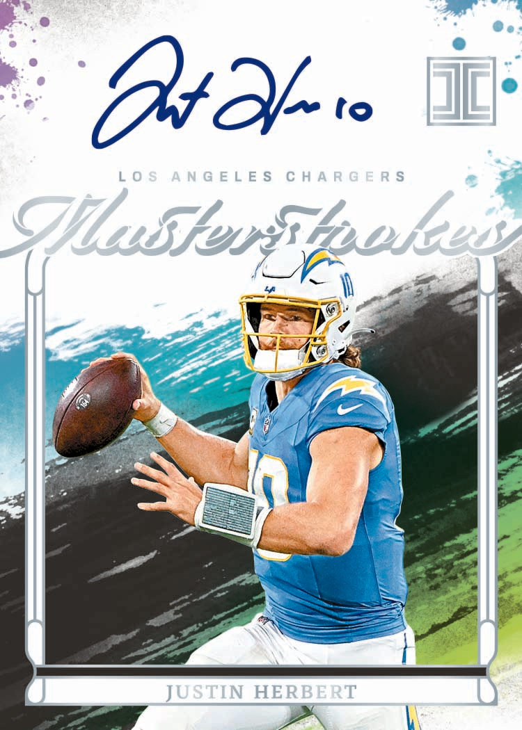 Justin Herbert Masterstrokes autograph card showing the Los Angeles Chargers quarterback holding a football, with a blue signature above him.