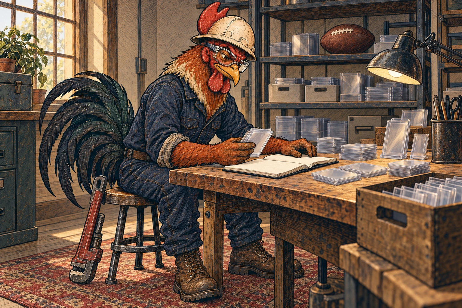 A russet-and-cream rooster wearing an off-white hard hat, safety glasses, navy coveralls and work boots sorts clear card sleeves beside a blank open notebook at a wooden workbench. A pipe wrench leans against his stool, and a football sits on shelving behind him.
