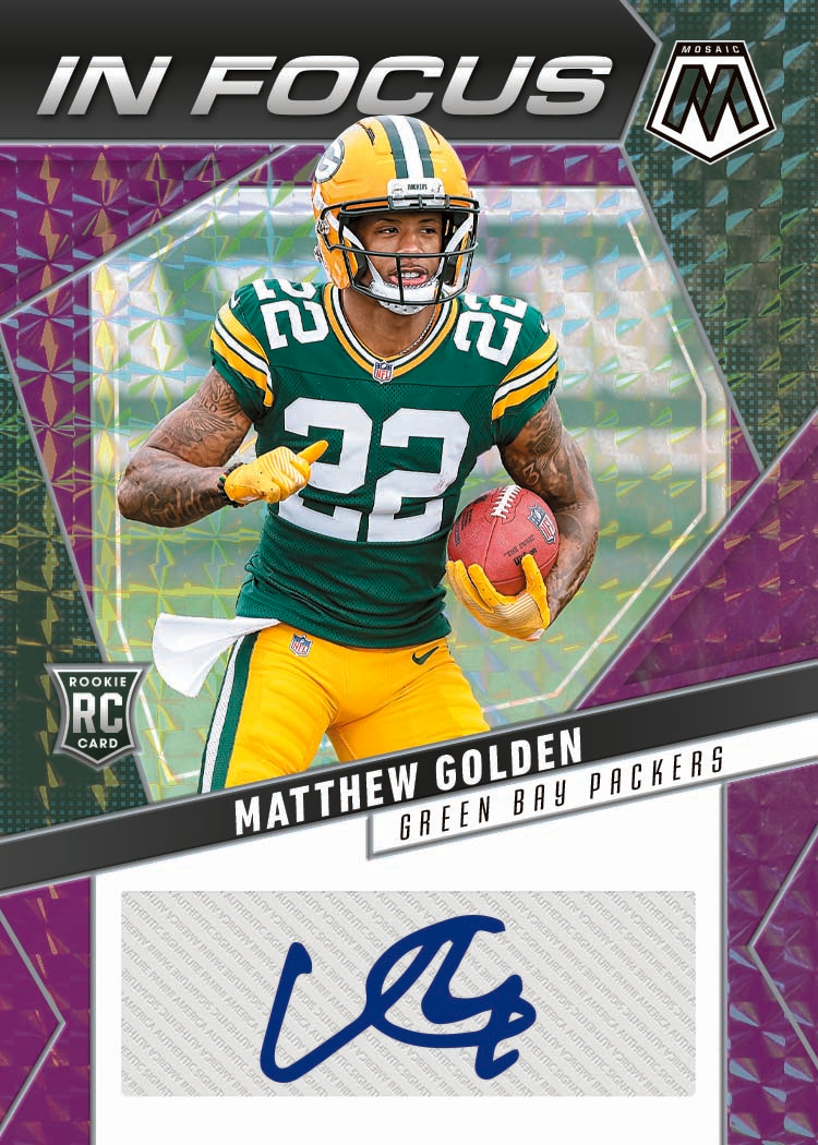 Matthew Golden Green Bay Packers rookie autograph card from 2025 Panini Mosaic NFL, featuring an In Focus design, purple and green Mosaic pattern, and blue signature.