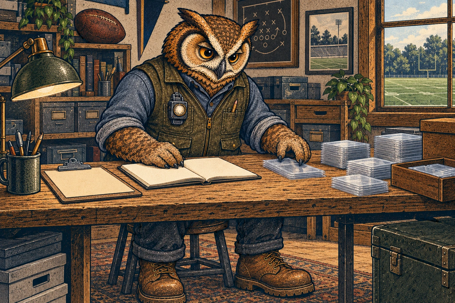 A tawny and charcoal owl in an olive vest, slate shirt, work trousers and brown boots sits at a wooden collector’s workbench, checking a blank notebook and sorting clear card sleeves. Shelves, a football, a play diagram and a window overlooking a football field surround the workspace.