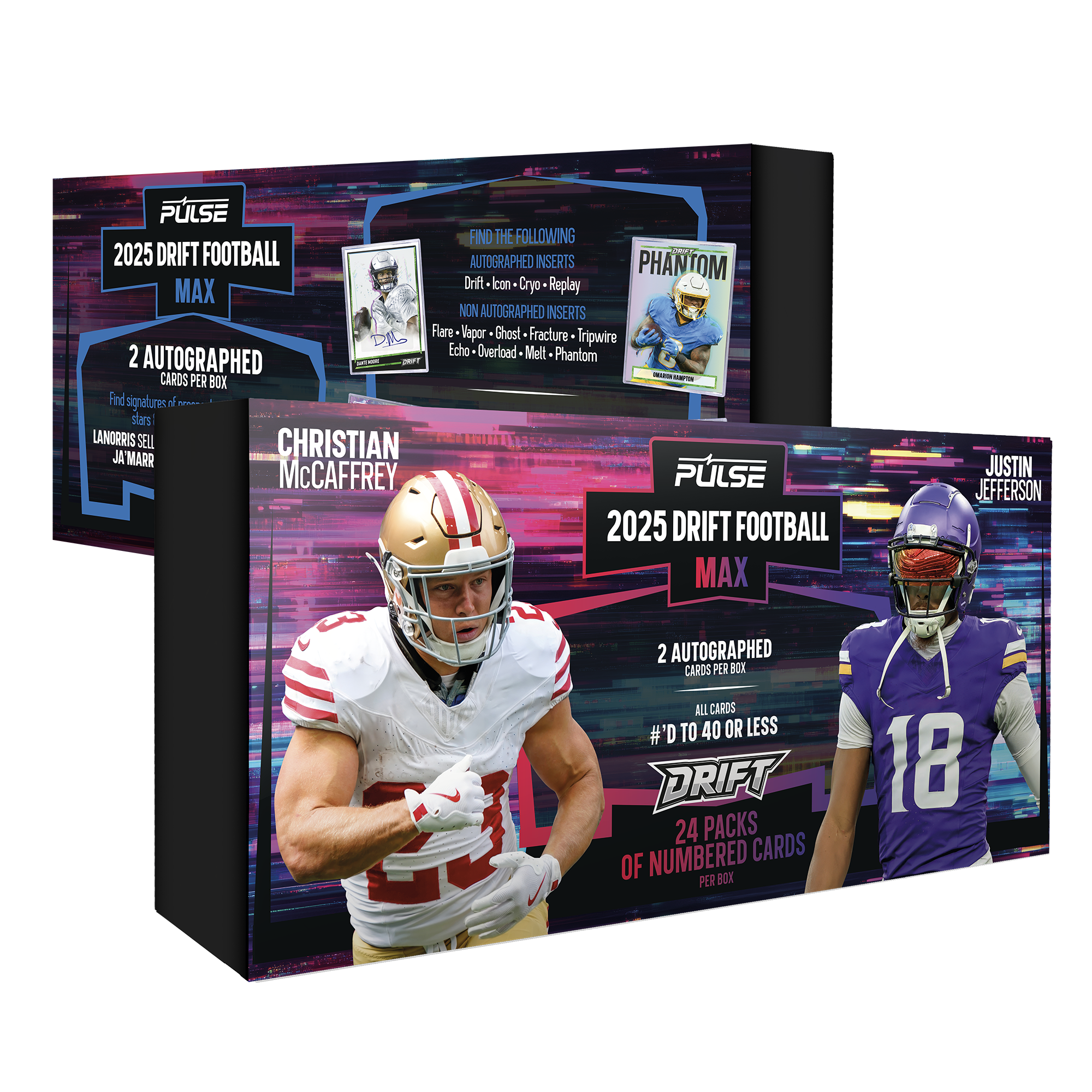 2025 Pulse Drift Football Max packaging with Christian McCaffrey and Justin Jefferson