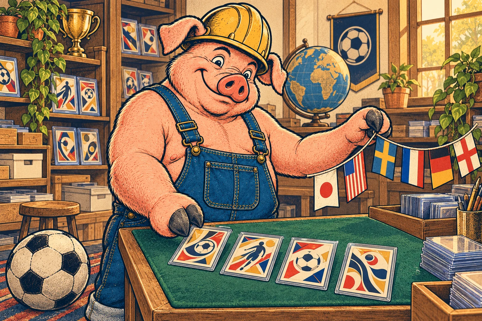 Hammy arranges fictional football cards on a green shop workbench while holding a string of international flags.