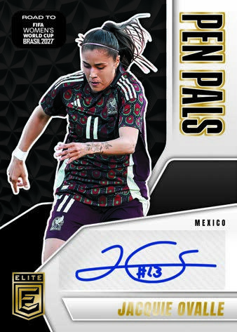 Jacquie Ovalle's Pen Pals autograph preview has a dark patterned background and a wide white signature panel.