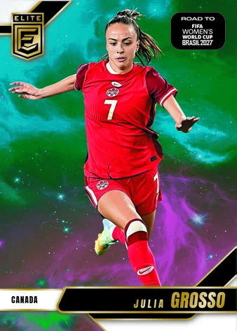 Julia Grosso in Canada red against the colorful cloud background of Base Elite.