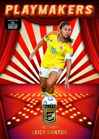 Leicy Santos in Colombia yellow on a Playmakers card with red curtains and illuminated lettering.