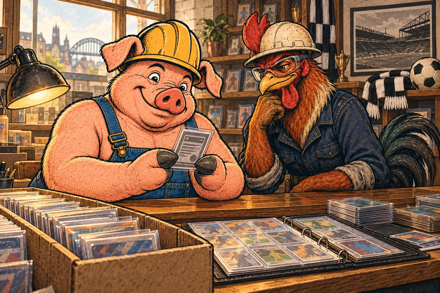 Hammy turns over a sleeved football card at the shop counter while Riggs watches, with a black-and-white scarf and a football nearby.