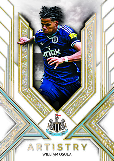 William Osula in a dark Newcastle kit on Futera’s vertical Artistry preview, surrounded by white space, gold lines and pale-blue accents.