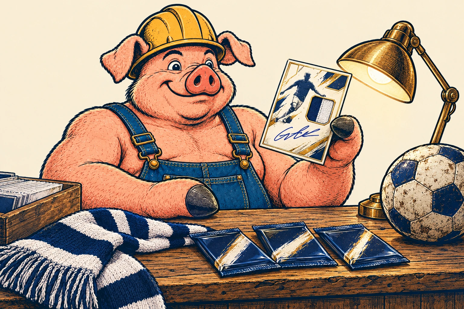 Hammy holds a white-and-gold football card beneath a brass desk lamp, with a navy-and-white scarf, three packs and a football on the shop counter.