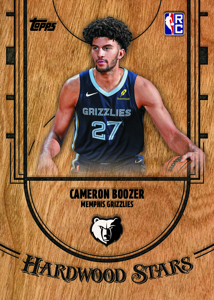 Cameron Boozer Hardwood Stars rookie preview against a wood-grain basketball court.